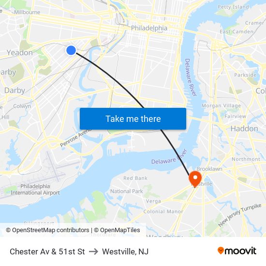 Chester Av & 51st St to Westville, NJ map