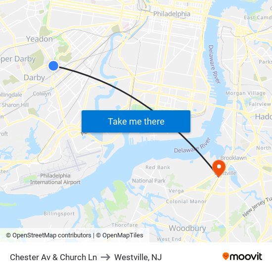 Chester Av & Church Ln to Westville, NJ map