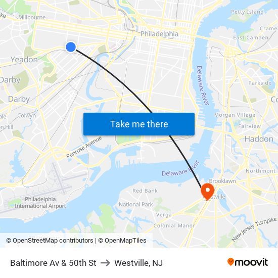 Baltimore Av & 50th St to Westville, NJ map