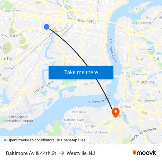 Baltimore Av & 44th St to Westville, NJ map