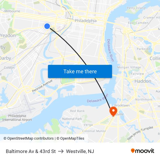 Baltimore Av & 43rd St to Westville, NJ map