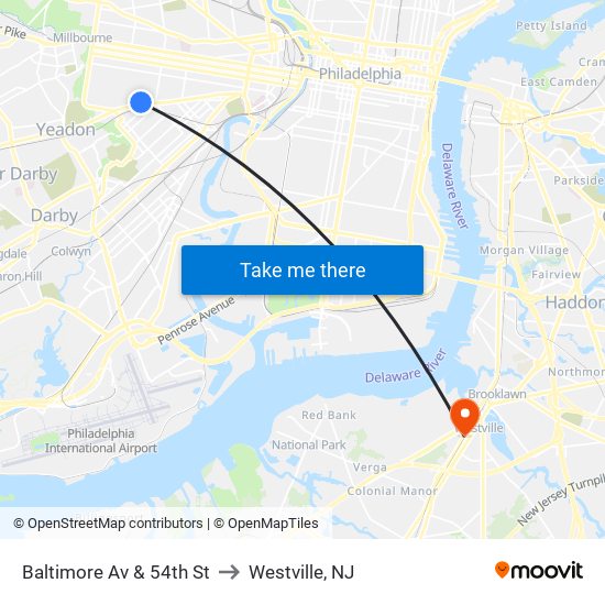 Baltimore Av & 54th St to Westville, NJ map