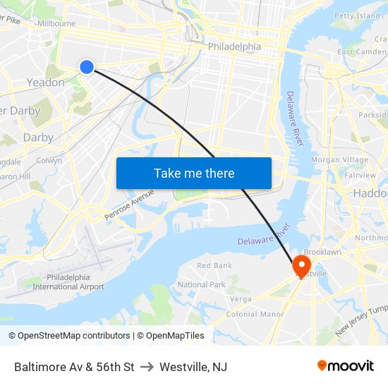 Baltimore Av & 56th St to Westville, NJ map