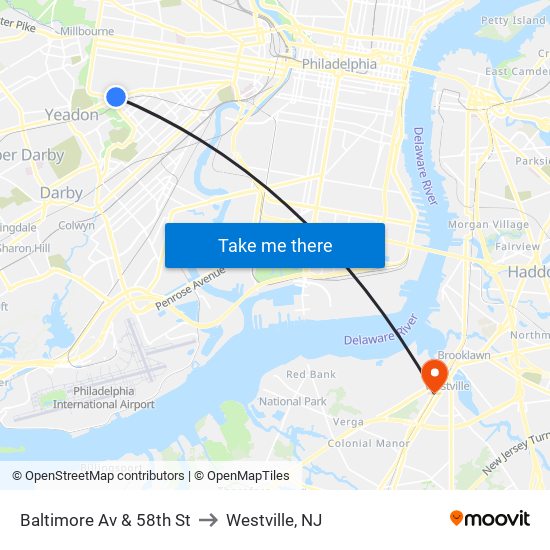 Baltimore Av & 58th St to Westville, NJ map