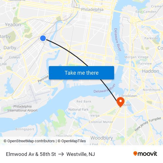 Elmwood Av & 58th St to Westville, NJ map