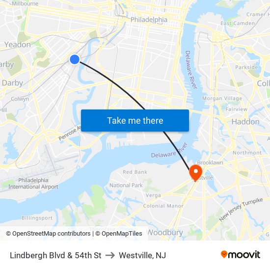 Lindbergh Blvd & 54th St to Westville, NJ map