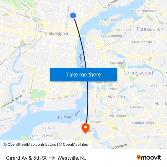 Girard Av & 5th St to Westville, NJ map