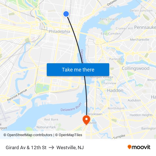Girard Av & 12th St to Westville, NJ map
