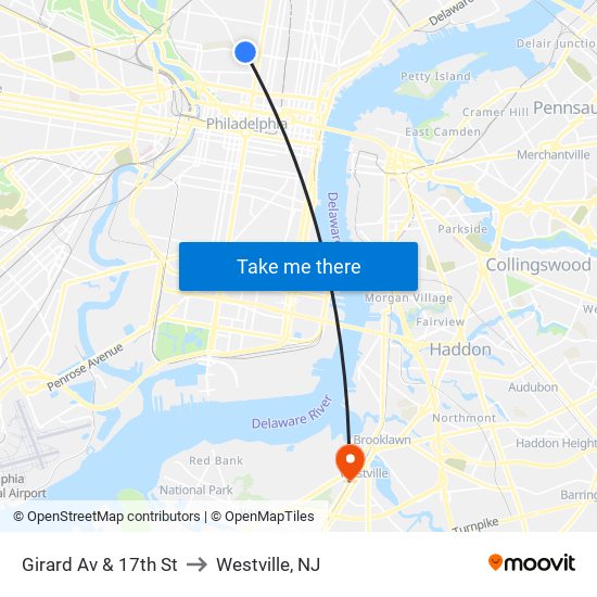 Girard Av & 17th St to Westville, NJ map
