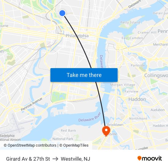 Girard Av & 27th St to Westville, NJ map