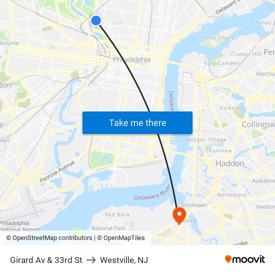 Girard Av & 33rd St to Westville, NJ map