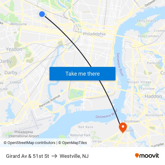 Girard Av & 51st St to Westville, NJ map