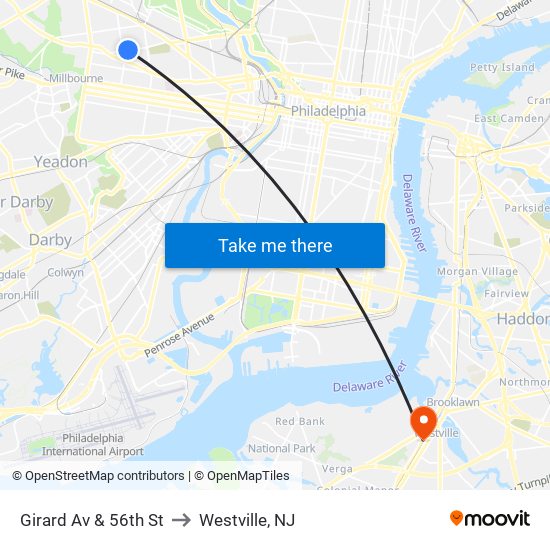 Girard Av & 56th St to Westville, NJ map