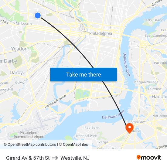 Girard Av & 57th St to Westville, NJ map