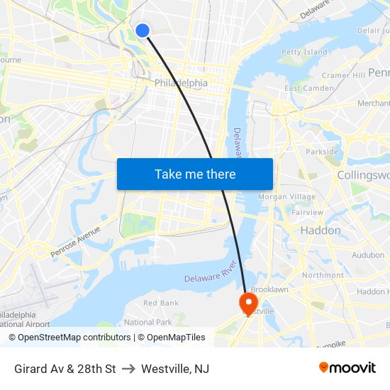 Girard Av & 28th St to Westville, NJ map