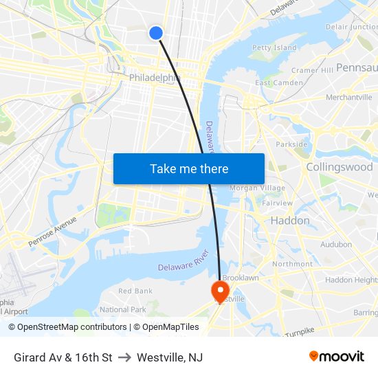 Girard Av & 16th St to Westville, NJ map