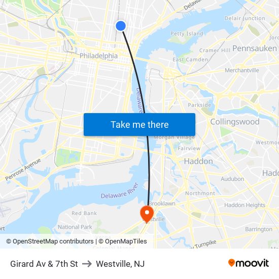 Girard Av & 7th St to Westville, NJ map