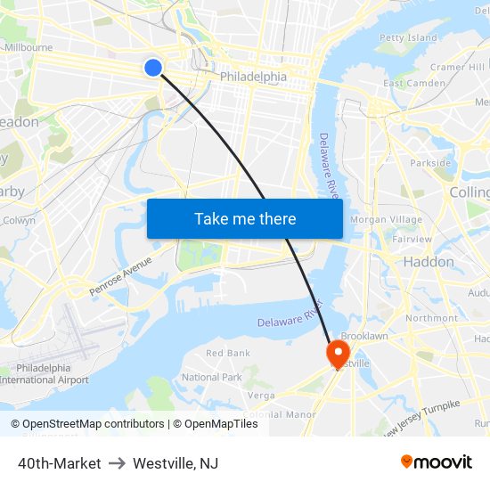 40th-Market to Westville, NJ map