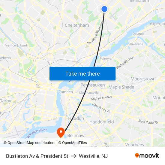 Bustleton Av & President St to Westville, NJ map