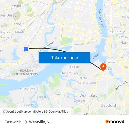 Eastwick to Westville, NJ map