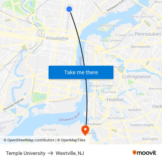 Temple University to Westville, NJ map