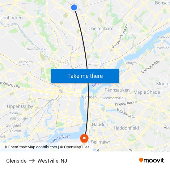 Glenside to Westville, NJ map