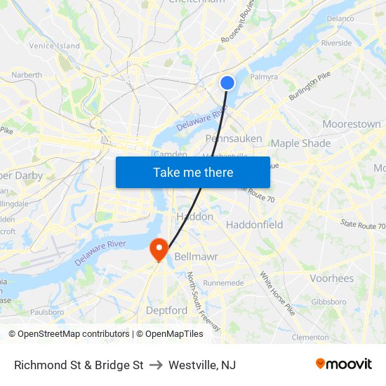 Richmond St & Bridge St to Westville, NJ map