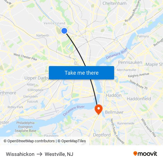 Wissahickon to Westville, NJ map