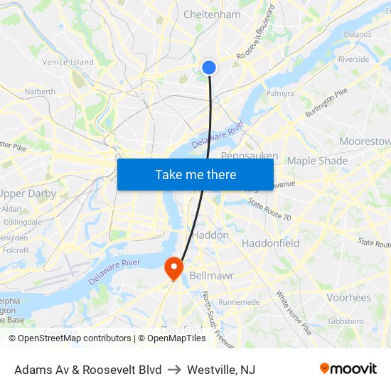 Adams Av & Roosevelt Blvd to Westville, NJ map
