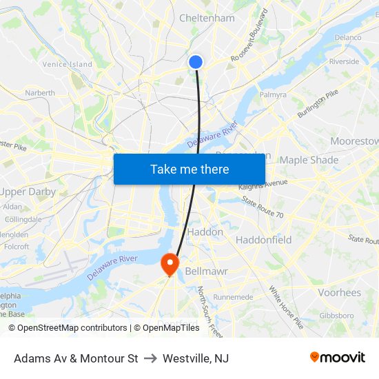 Adams Av & Montour St to Westville, NJ map