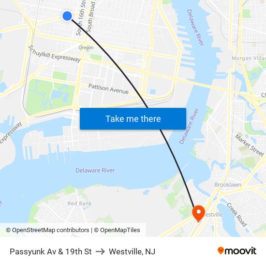 Passyunk Av & 19th St to Westville, NJ map