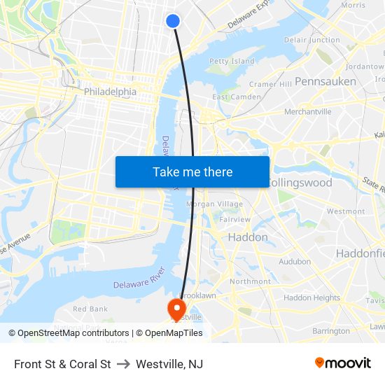 Front St & Coral St to Westville, NJ map