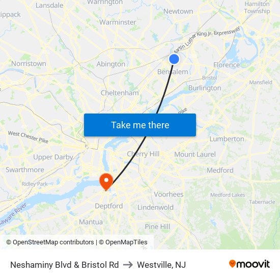 Neshaminy Blvd & Bristol Rd to Westville, NJ map