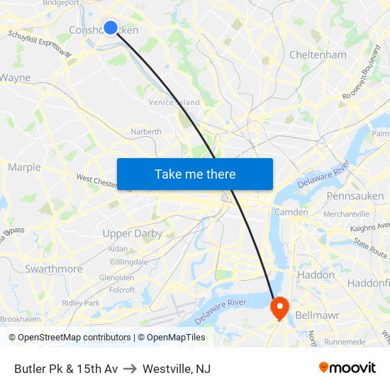 Butler Pk & 15th Av to Westville, NJ map