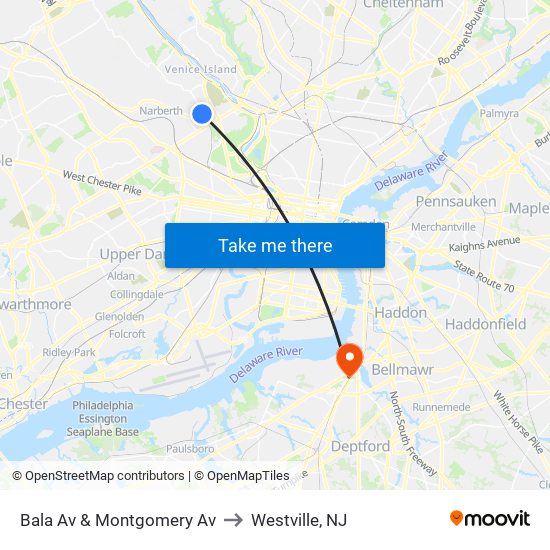 Bala Av & Montgomery Av to Westville, NJ map