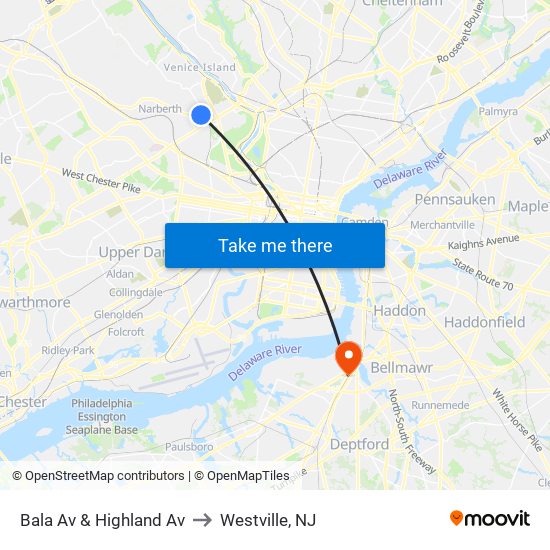 Bala Av & Highland Av to Westville, NJ map