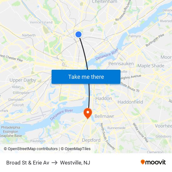 Broad St & Erie Av to Westville, NJ map