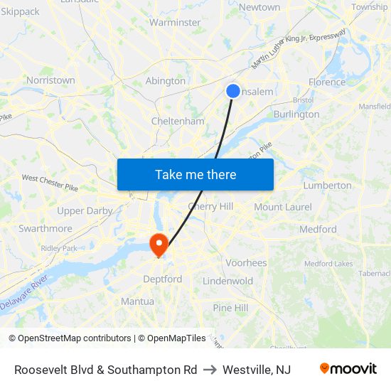 Roosevelt Blvd & Southampton Rd to Westville, NJ map