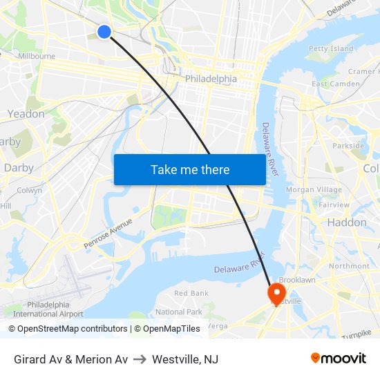 Girard Av & Merion Av to Westville, NJ map