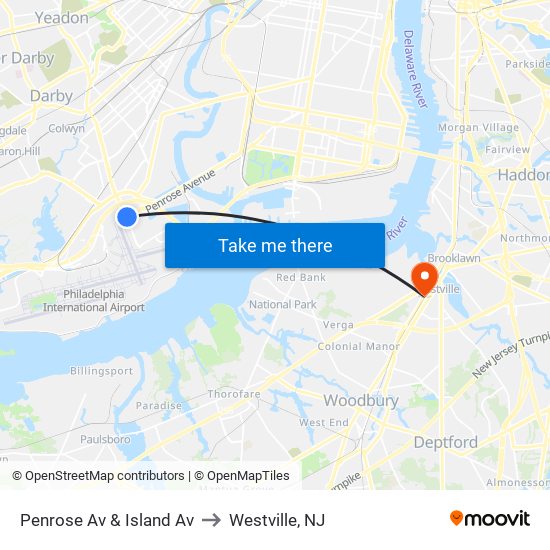 Penrose Av & Island Av to Westville, NJ map