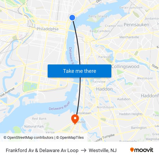 Frankford Av & Delaware Av Loop to Westville, NJ map