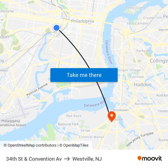 34th St & Convention Av to Westville, NJ map