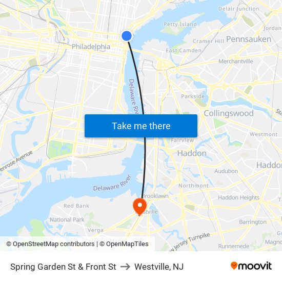 Spring Garden St & Front St to Westville, NJ map