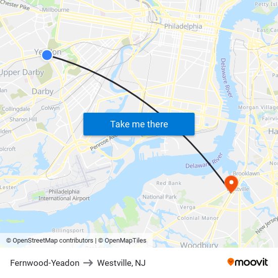 Fernwood-Yeadon to Westville, NJ map