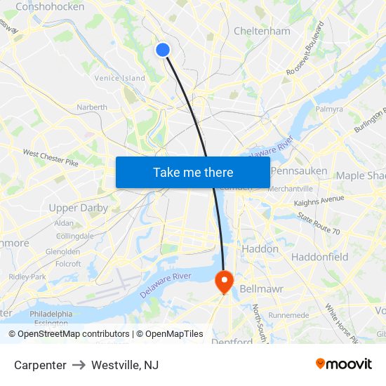 Carpenter to Westville, NJ map