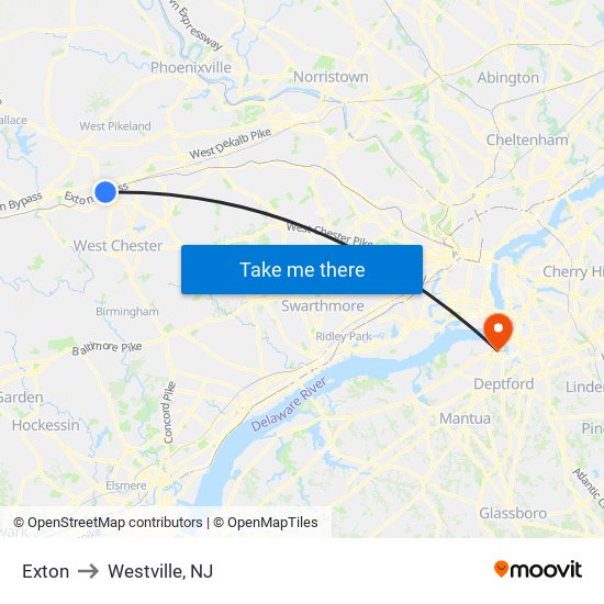 Exton to Westville, NJ map