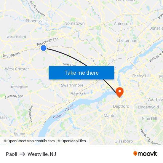 Paoli to Westville, NJ map