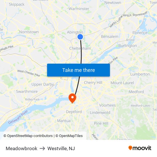 Meadowbrook to Westville, NJ map