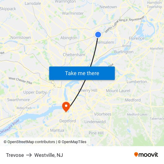 Trevose to Westville, NJ map