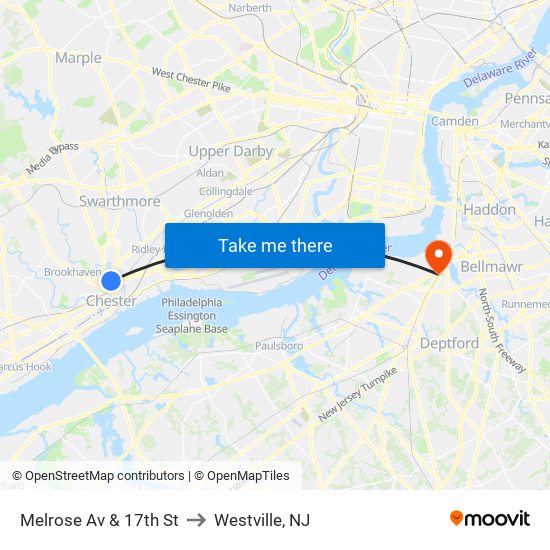 Melrose Av & 17th St to Westville, NJ map